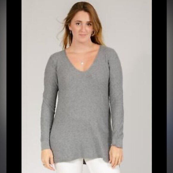 Grey Textured V Neck Long Sleeve Sweater Top Tunic - Picture 1 of 7